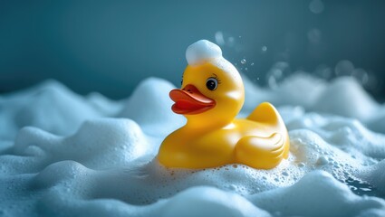 A yellow rubber duck is bobbing in a bubbly bathtub. The concept of playfulness and relaxation is evident, as the duck appears to be enjoying its time in the water.