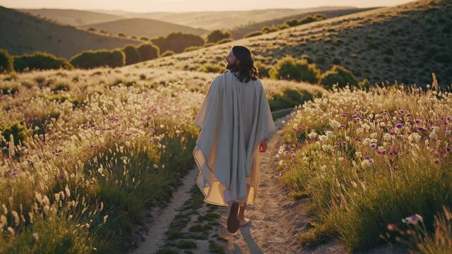 Jesus walks barefoot along road among flowering fields. Jesus is wearing white tunic. In background is light of setting sun.
