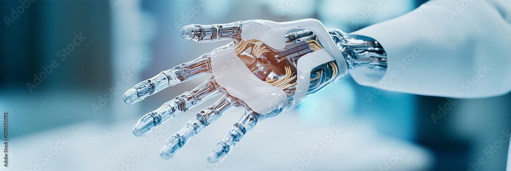 Poster Robotic hand extends showing advanced mechanical design and intricate inner components. Bright, high-tech environment enhances focus on innovation. Concept of robotics, engineering, automation