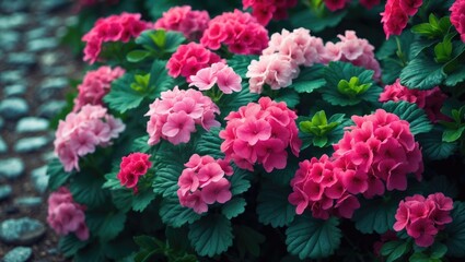 Blooming vivid pink and red flowers up close, floral wallpaper background featuring pink and red flowers.