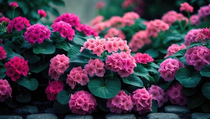 Fototapeta premium Blooming vivid pink and red flowers in close-up, floral wallpaper backdrop featuring pink and red flowers.
