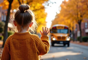 A young girl waves goodbye to a school bus in a vibrant autumn setting