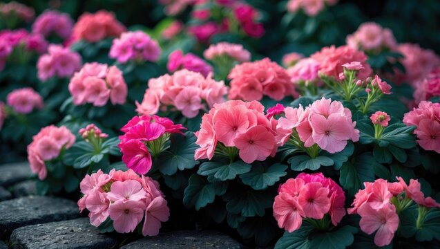 Blooming vibrant pink and red flowers in close-up, floral wallpaper backdrop featuring pink and red flowers. - Powered by Adobe