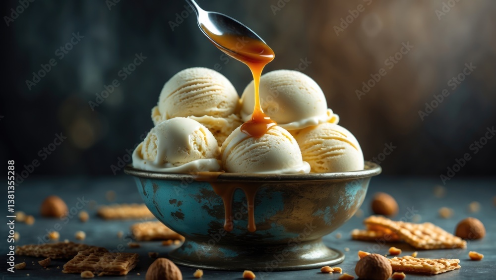 Poster ice cream scoops in a saucepan with caramel on a brown background. close-up of a sweet dessert in mo