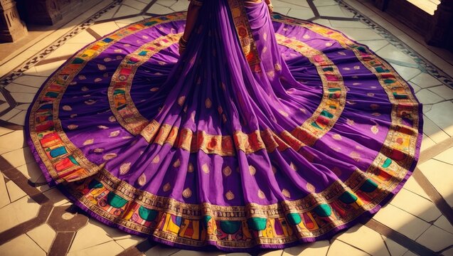 Purple bandhani chaniya choli featuring a traditional border for garba and dandiya. Full flare banjara shrug for women. Georgette material attire in line with tradition and fashion.
