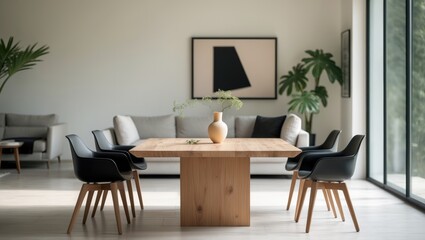 Stylish and botanical dining room interior featuring a crafted wooden table, chairs, numerous plants, a large window, and elegant accessories in modern home decor.