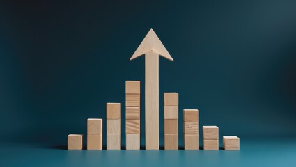 Big wooden arrowhead on ascending cube blocks bar graph chart steps against a dark blue backdrop with space for text.