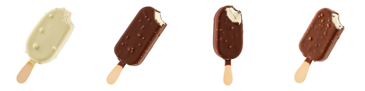 Four ice cream bars with a bite taken out.
