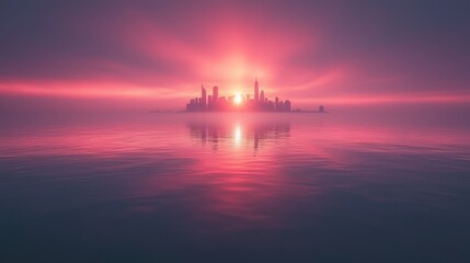 Obraz premium Cityscape Sunrise: A Serene Pink Dawn Over the City Skyline Reflected in Calm Waters