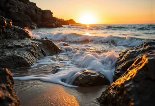 Serene sunset over rocky beach with gentle waves lapping at the shore