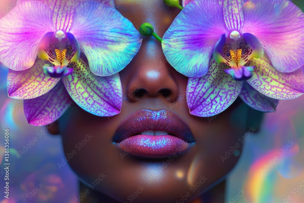 Poster a woman's face is partially obscured by iridescent orchids, creating a surreal and beautiful image.