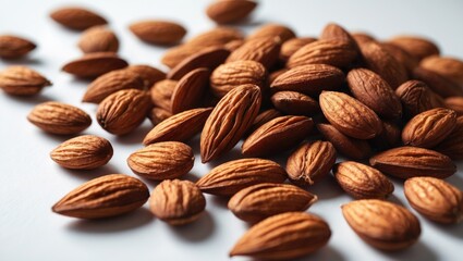 Group of roasted almonds arranged on a white background.