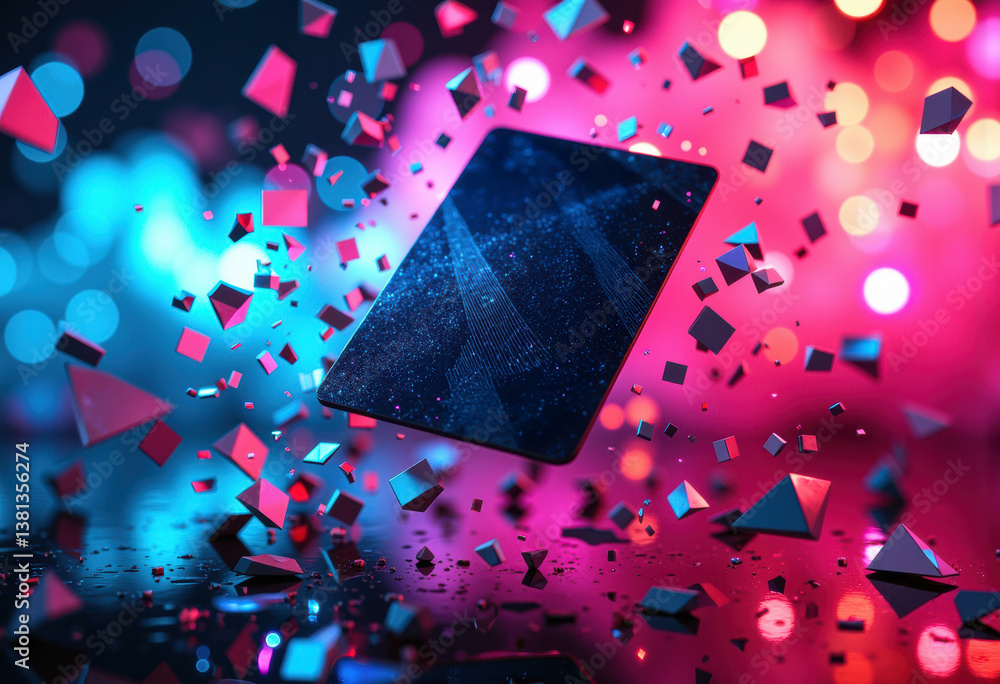 Poster a dynamic composition featuring a floating card surrounded by colorful geometric shapes
