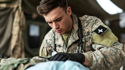Military medic assisting wounded soldier field hospital photography emergency response close-up courage in chaos