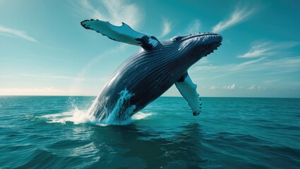 Huge humpback whale rising from the depths of the ocean after surfacing to breathe and leaping on the surface of the Pacific Ocean. Marine animal concept