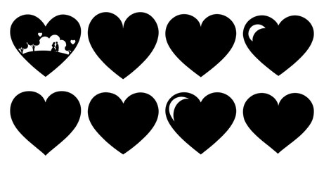 Collection of eight black heart shapes with variations including a couple in a landscape