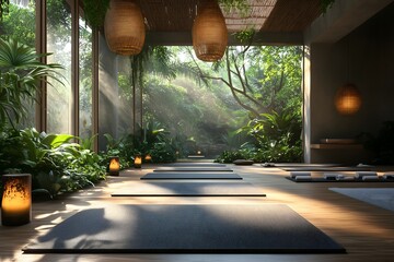 Yoga retreat featuring serene mats for mindful practice in a lush, tropical environment during the golden hour
