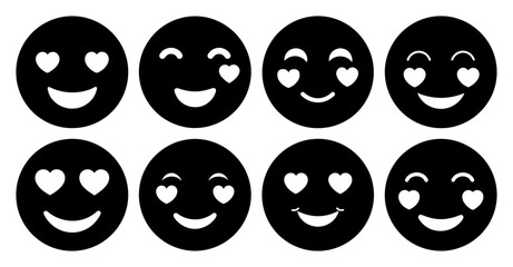 Collection of eight black and white emoticon faces showing love