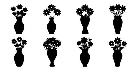 Collection of Eight Black Silhouettes of Vases with Flowers