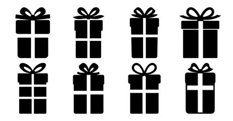 Collection of eight black gift box icons with ribbon and bow for holidays and celebrations