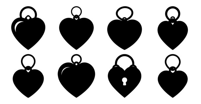 Collection of Eight Heart Shaped Lock Icons Black Silhouettes on White Background