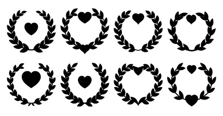 Collection of Eight Black Silhouettes of Heart Shaped Laurel Wreaths