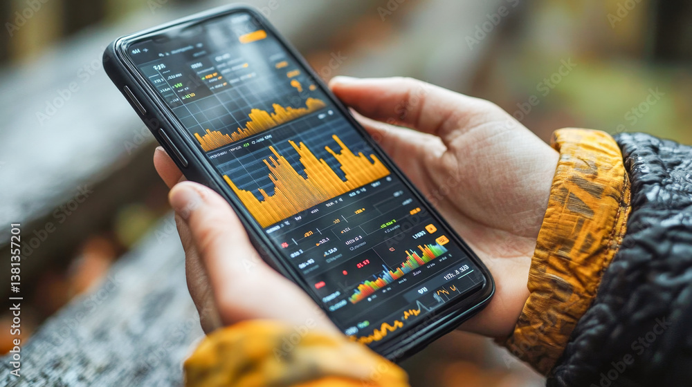 Poster A person holds a smartphone displaying a banking app with financial data and graphs while sitting outdoors.