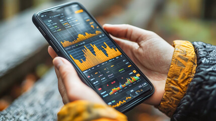 A person holds a smartphone displaying a banking app with financial data and graphs while sitting outdoors.