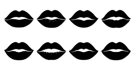 Collection of Eight Black Silhouettes of Woman's Lips in Various Expressions