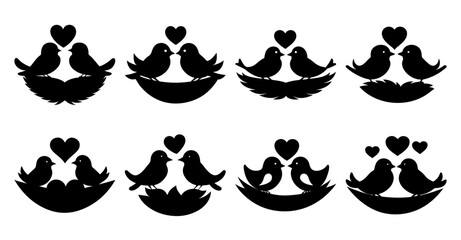 Eight Adorable Illustrations of Two Birds in a Nest with Hearts