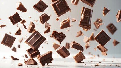 Milk chocolate chunks cascading onto a white background.