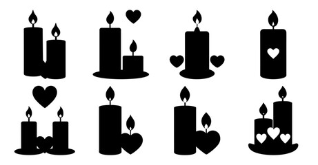 Fototapeta premium Collection of Romantic Candle Icons with Hearts for Valentine's Day or Wedding Designs