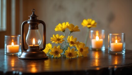 Joyful Diwali. Traditional symbols of the festival of light. Illuminated diya oil lamps and flowers on a red backdrop. Space for text.