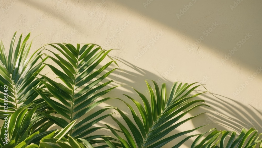 Poster minimal product placement backdrop featuring shadows on a plaster wall. luxurious summer architectur
