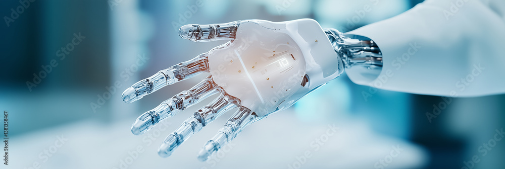Poster robotic hand extends towards viewer, demonstrating advanced technology and intricate design. clean, 