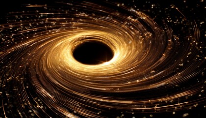 a mesmerizing depiction of a black hole swirling golden particles illuminating its immense gravitational pull