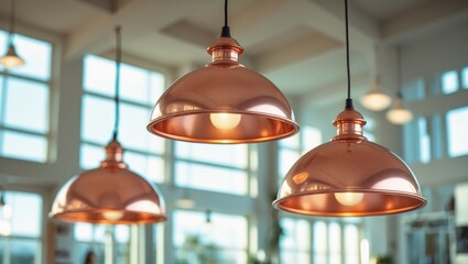 Hanging contemporary lamp with warm light in a store. Electric interior energy furniture idea.