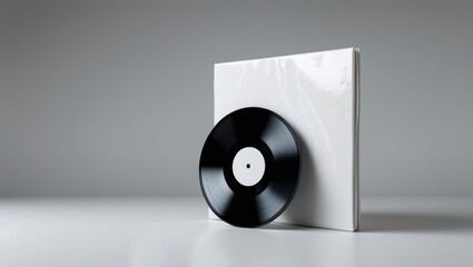 Mockup of frontal view upright blank vinyl record alongside cover