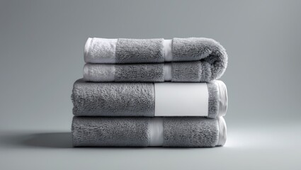 Mockup of stacked gray towels with a label, for design, branding, isolated on background. Product photography showcase. Home decor. Terry towelling pattern for drying.