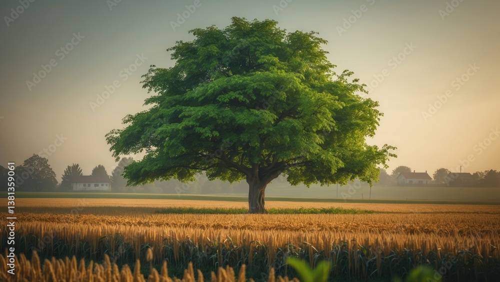 Poster isolated tree standing in a quiet rural field on a calm, peaceful day. the tree symbolizes tranquili