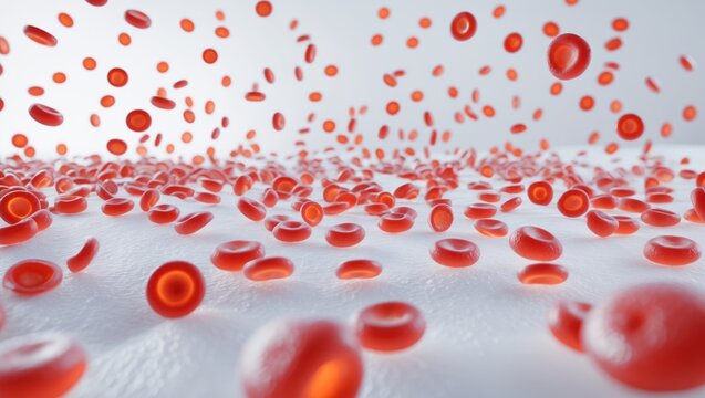 Microscopic image depicting numerous blood cells against a white background.