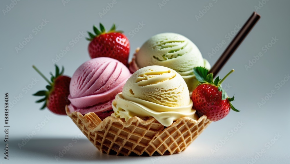 Poster ice cream scoops in a bowl, featuring strawberry ice cream with a wafer stick set against a white ba