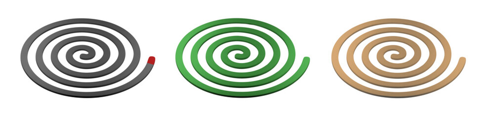 Three mosquito repellent coils in black, green, and brown isolated on white background, used for insect control. One black coil is partially burned, releasing smoke to repel mosquitoes indoors and