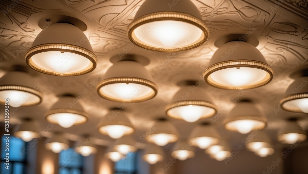 Poster Halogen bulbs ceiling lights illuminating with a soft warm color tone in a space.