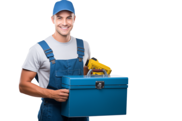 A smiling handyman in blue overalls holding a blue toolbox with a yellow tool on top of it on transparent background png