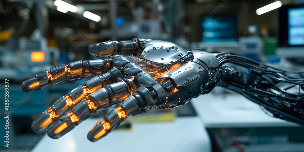 Aufkleber robotic hand with glowing orange lights showcased in a high-tech lab environment. intricate metallic
