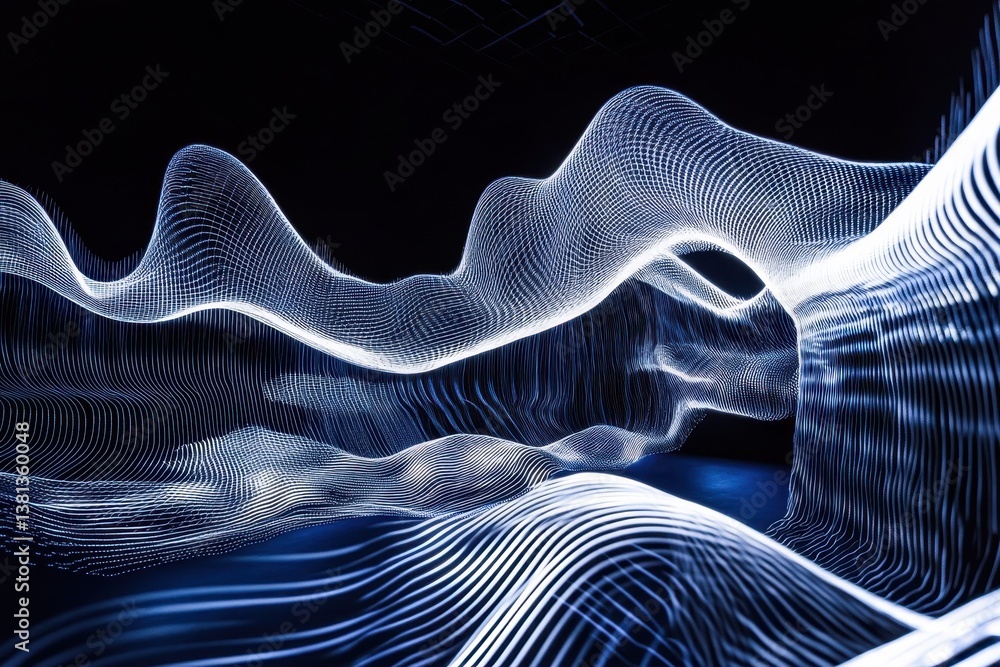 Poster Dynamic white and blue lines create mesmerizing patterns on a black backdrop, white and blue lines moving on black background