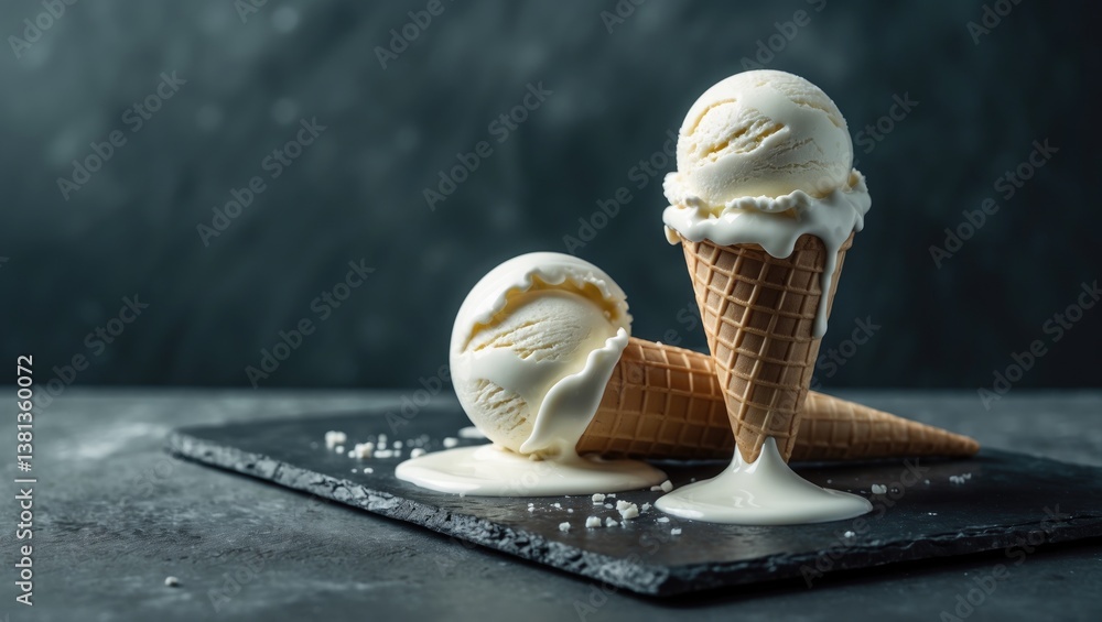 Poster Ice cream scoops in wafer cones arranged on a textured surface, overhead view. Area available for text.