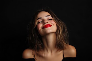 Young pretty woman with red lipstick smiles brightly against a black background, Young pretty smiling amazing woman with red lipstick posing isolated over black background