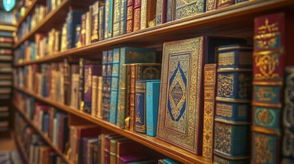 A high-definition image of an Eid-themed bookstore displaying ornate Qura??ans